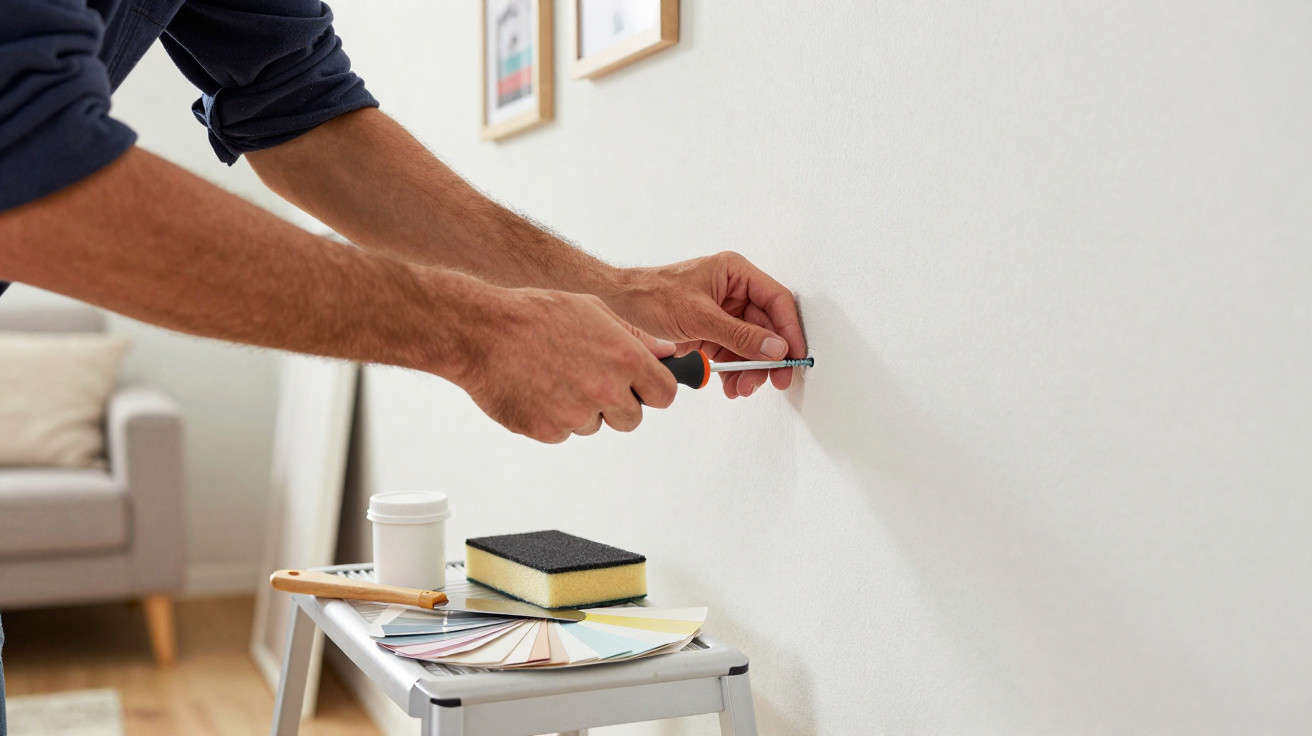 Pessoa a apertar parafuso na parede para pendurar quadro com ferramentas numa escada junto a sofá.