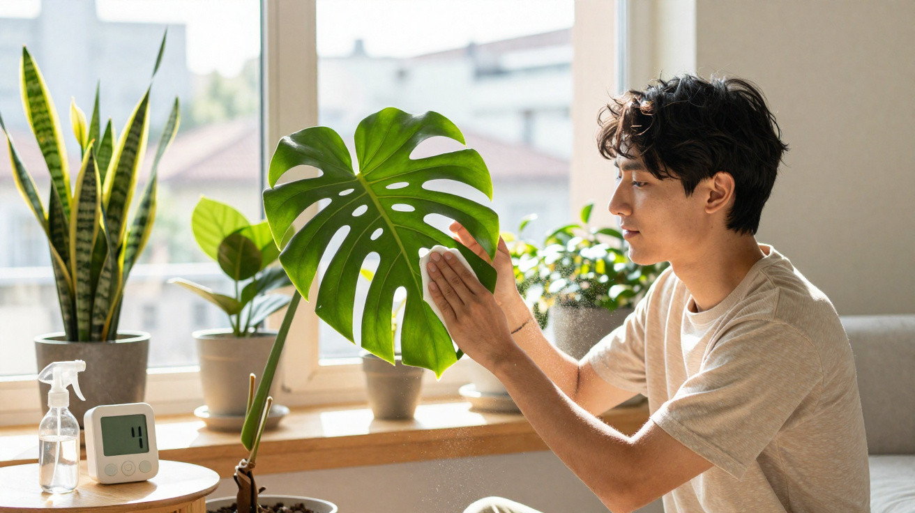 Homem cuida de planta Monstera perto da janela em espaço interior iluminado por luz natural.