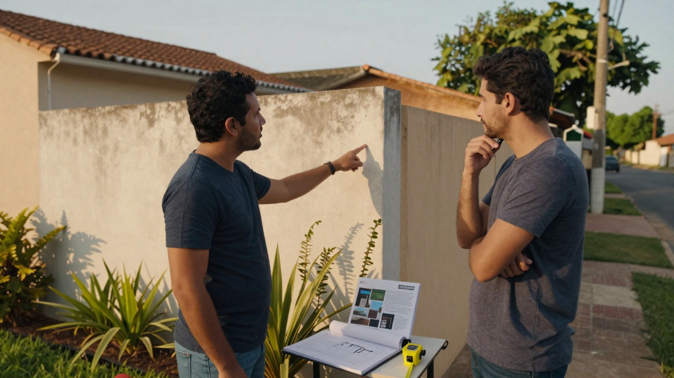Dois homens discutem projeto de construção junto a muro, com plantas e mesa com documentos e fita métrica.