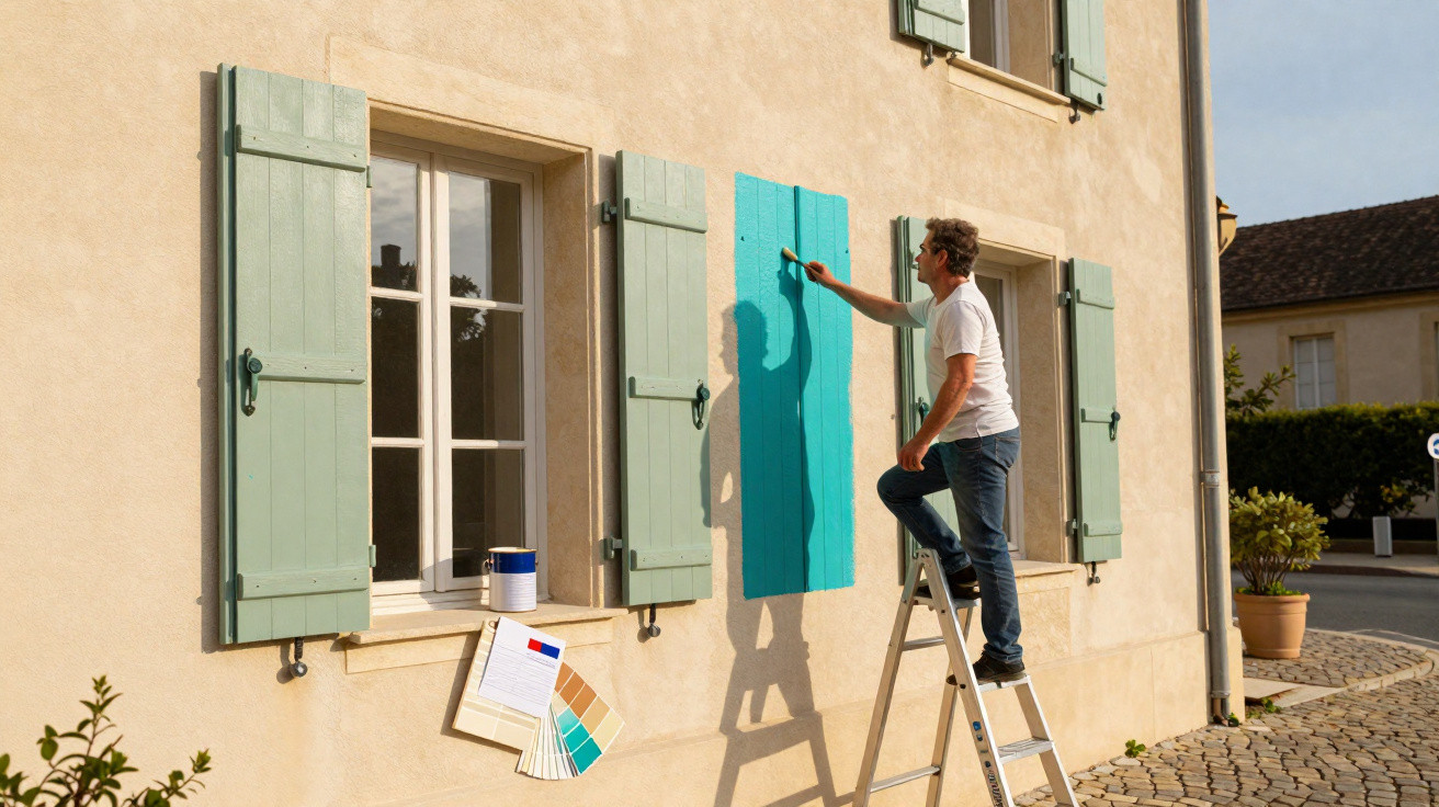 Homem em escada a pintar porta de janela com cor azul turquesa numa casa beige.