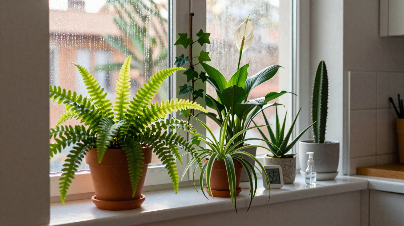 Plantas variadas em vasos sobre o peitoril de uma janela interior com vidro molhado pela chuva.