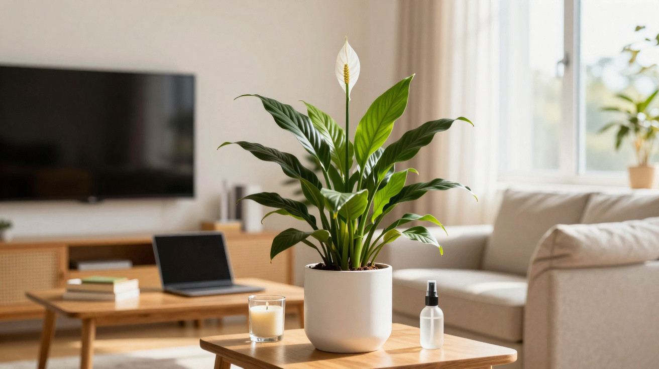 Planta com folha branca num vaso branco numa mesa de madeira numa sala com sofá, computador portátil e vela.