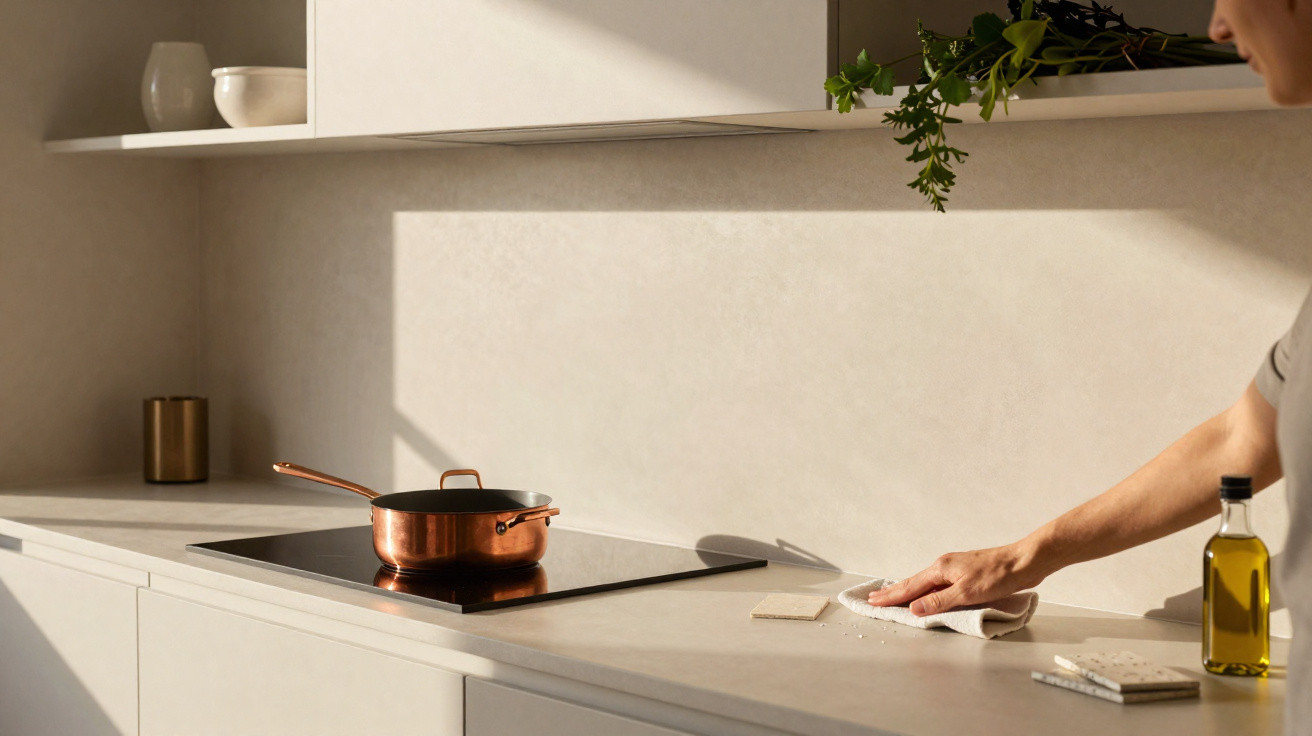 Pessoa a limpar bancada de cozinha clara com tacho de cobre num fogão de indução e garrafa de azeite.