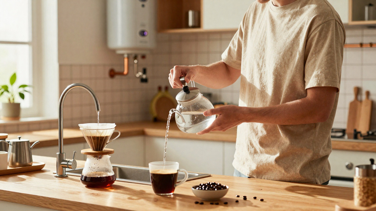 Pessoa a despejar água numa chávena ao lado de café feito em cafeteira de vidro numa cozinha moderna.