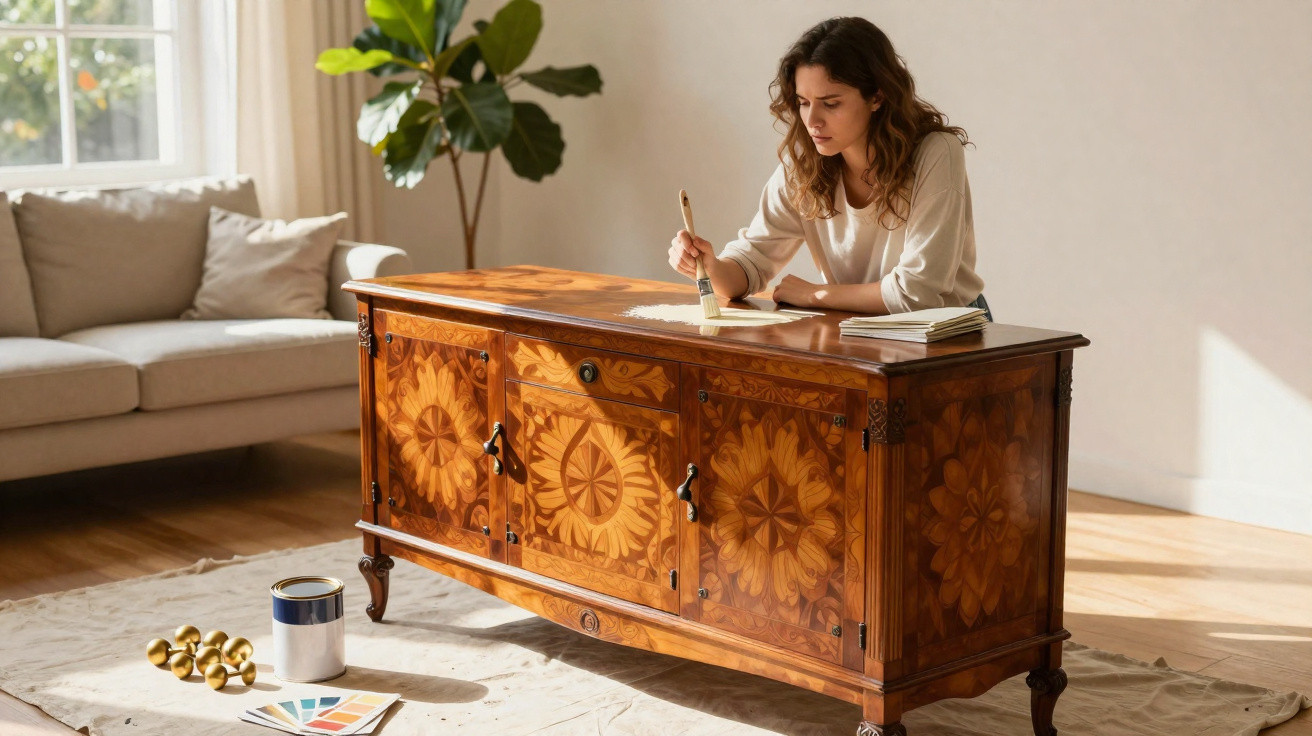 Mulher a restaurar móvel antigo de madeira com verniz, num quarto iluminado e decorado com sofá e planta.