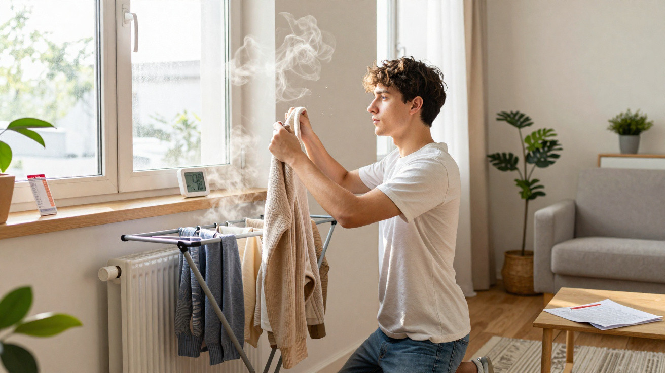 Homem a passar a ferro roupa quente junto a uma janela numa sala ampla e luminosa.