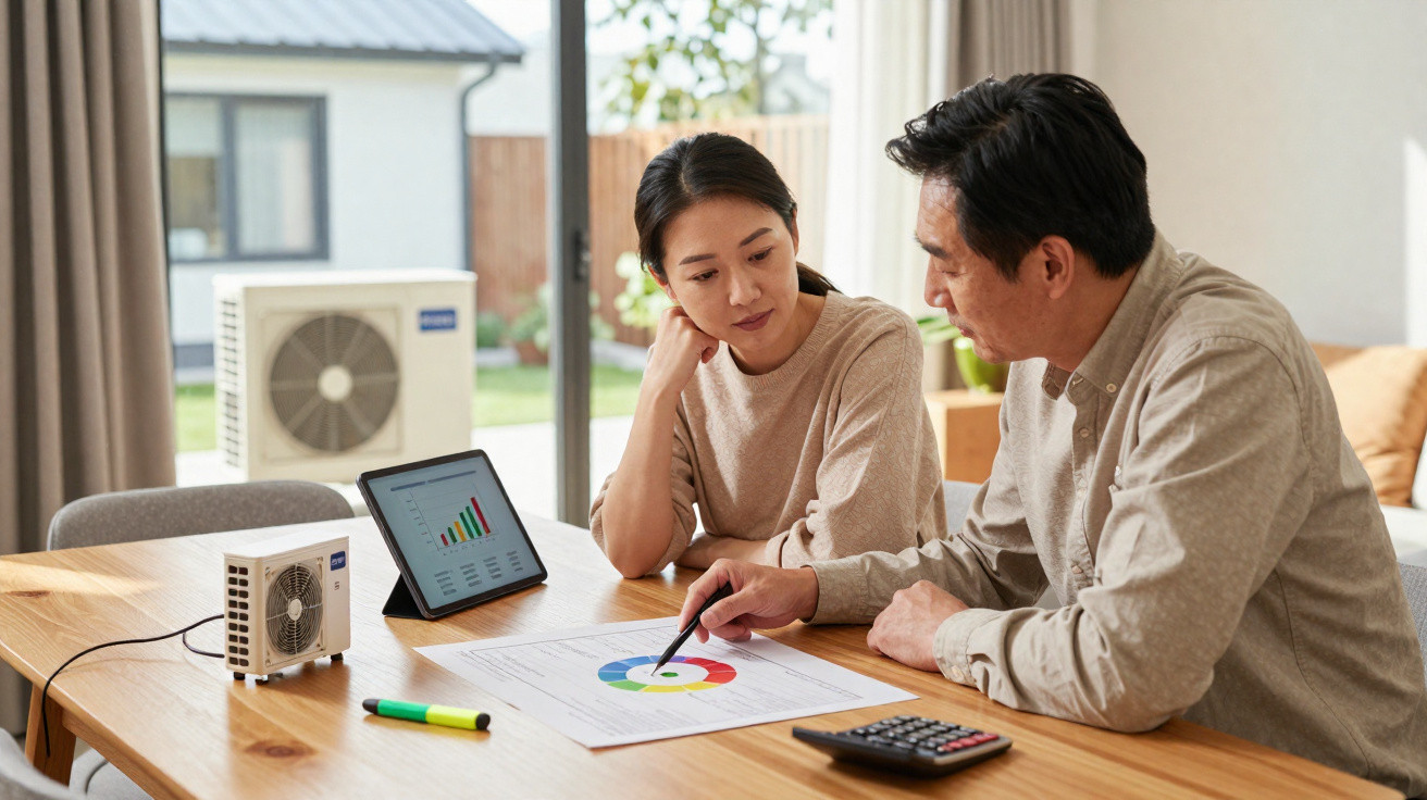 Casal discute gráficos de energia e consumo ao lado de mini aparelhos de ar condicionado numa mesa.