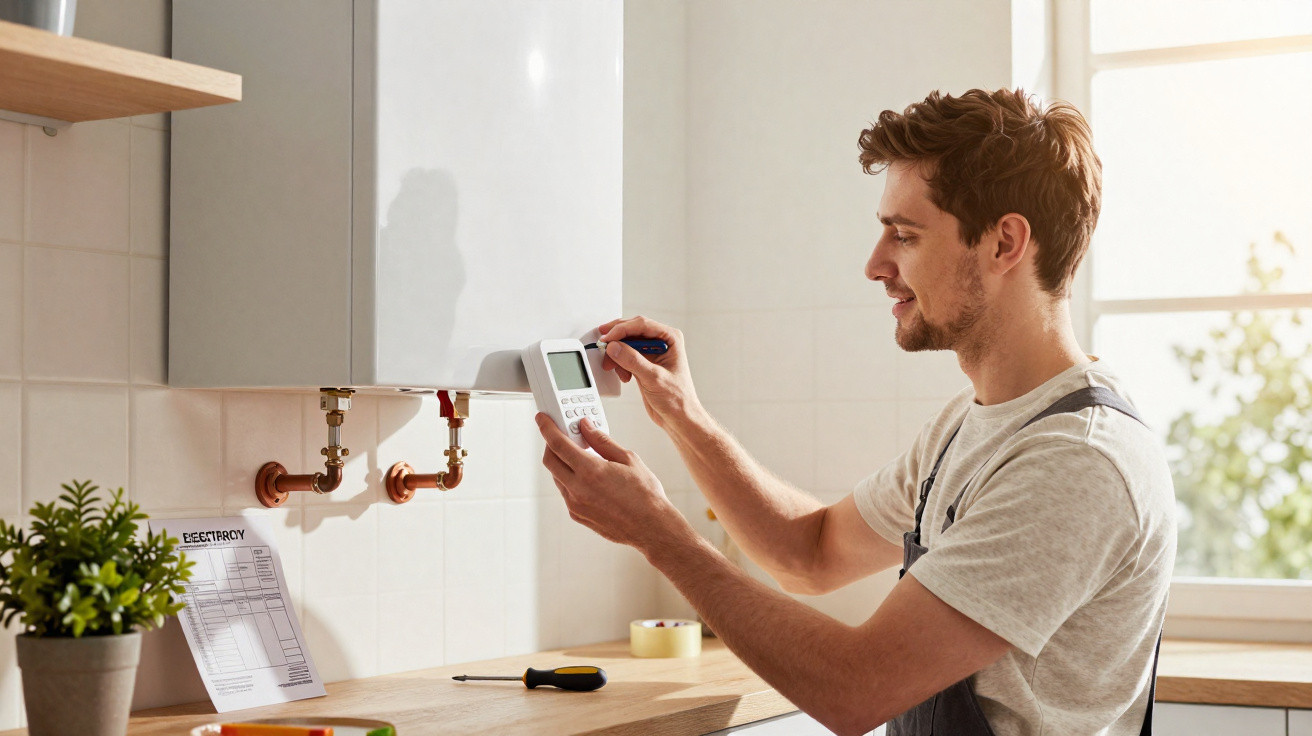 Homem a ajustar termóstato digital junto a um aquecedor de água instalado numa cozinha luminosa.