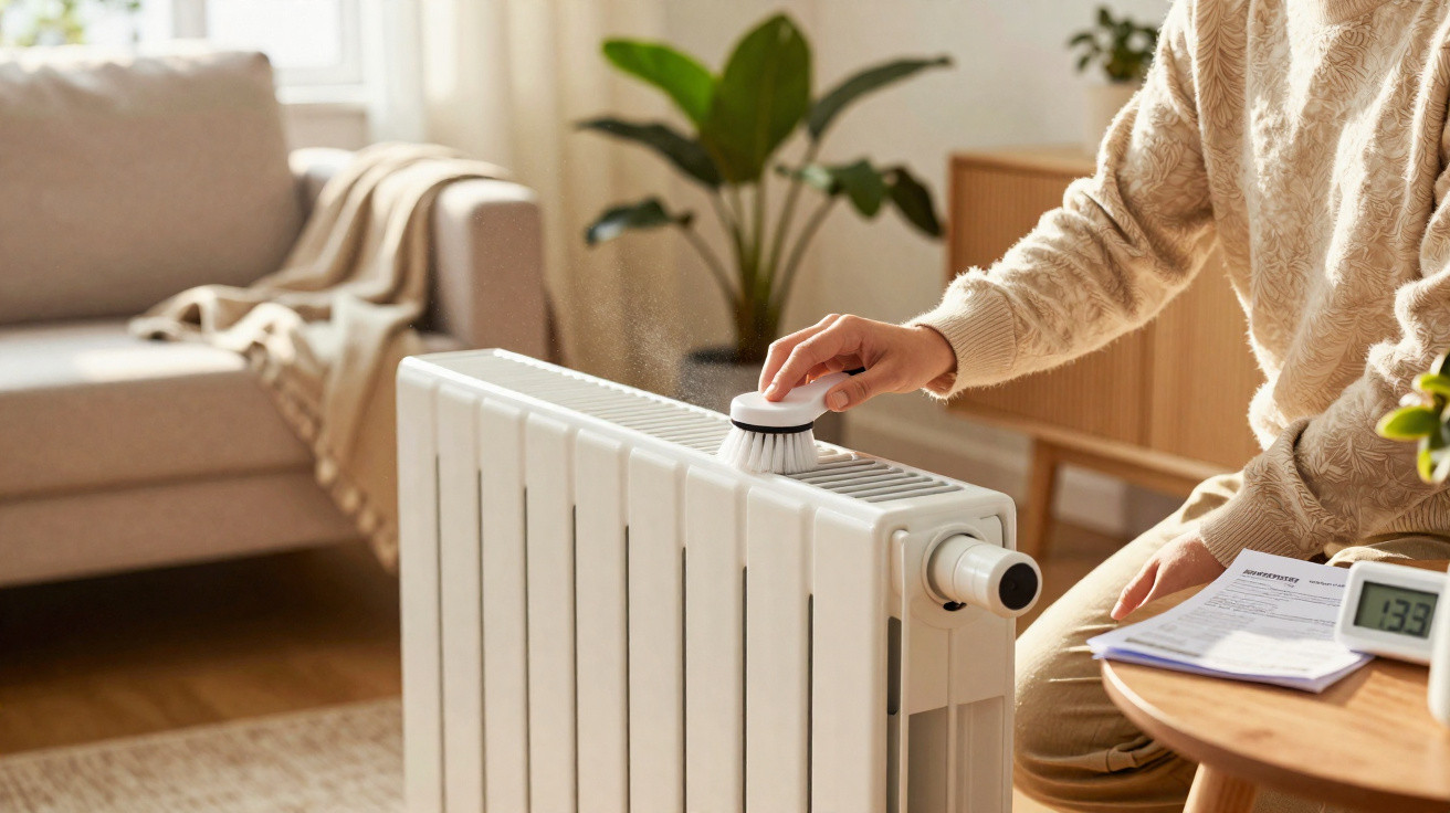 Pessoa limpa radiador branco com escova enquanto está sentada perto de mesa com documentos e relógio digital.