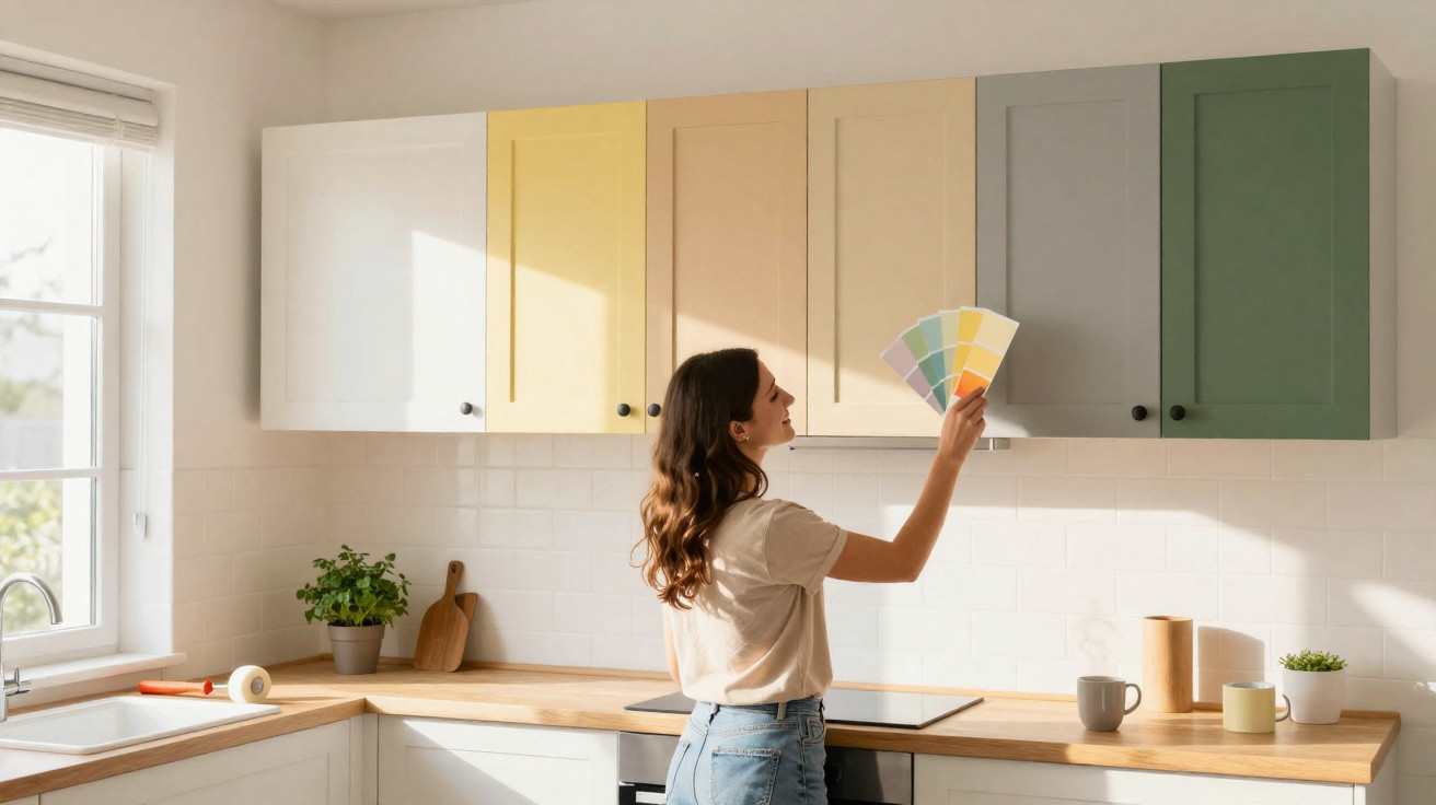 Mulher escolhe cores para armários de cozinha em tons pastel iluminada por luz natural.