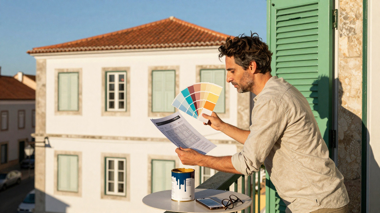 Homem escolhe cor para pintar uma casa, segurando paleta de cores e planta num varandim ao sol.