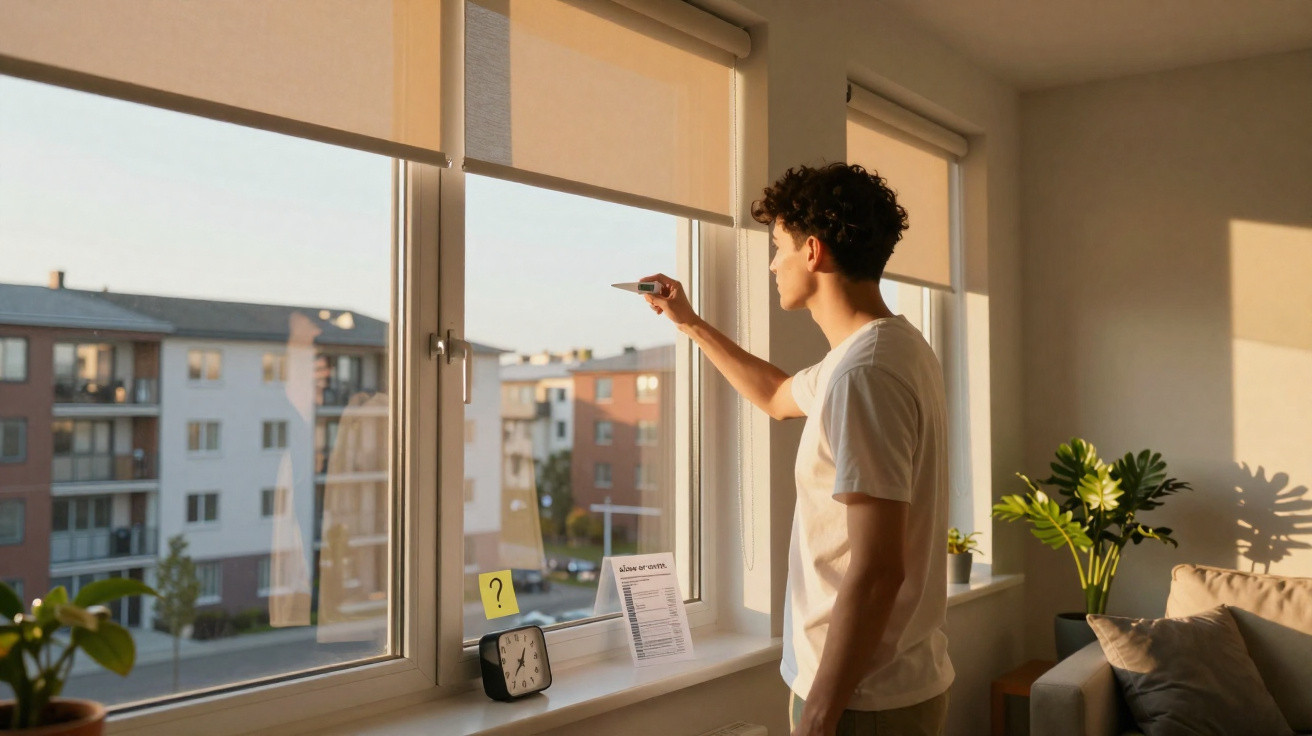 Homem jovem com camisa branca mede temperatura da janela numa sala iluminada pelo sol.