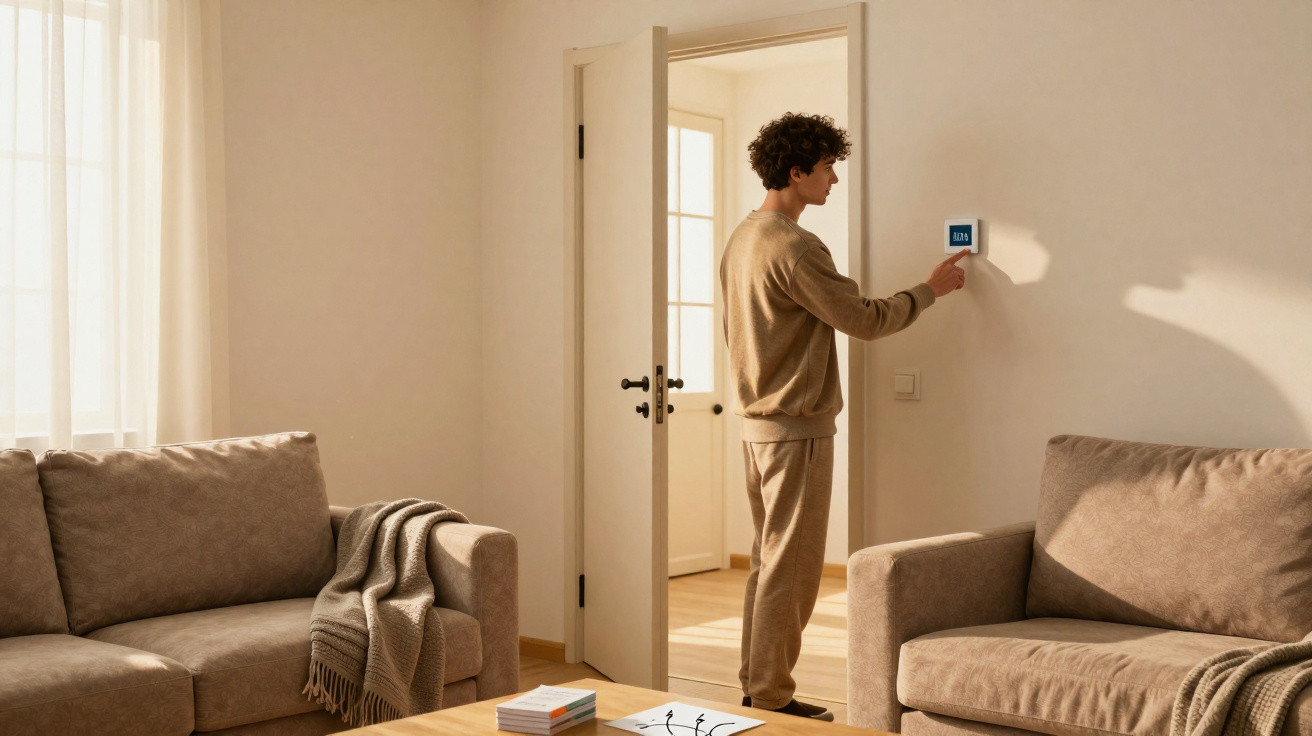 Homem ajusta termostato digital num quarto com sofá e luz natural a entrar pela janela.