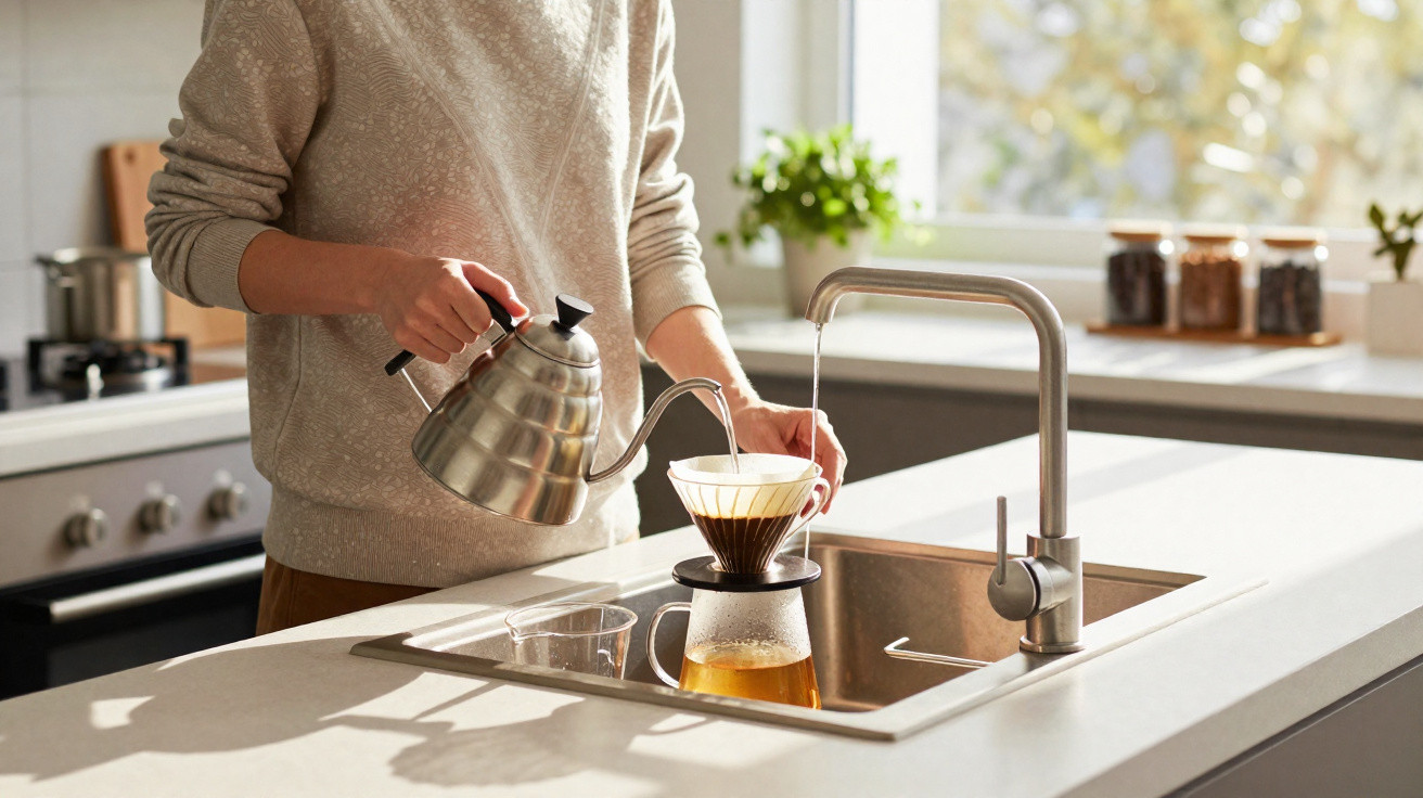 Pessoa a preparar café filtrado na cozinha, com luz natural e utensílios modernos no balcão.