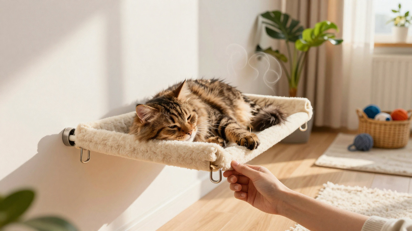 Gato de pelo comprido dorme numa cama suspensa junto à parede enquanto mão humana segura a cama.