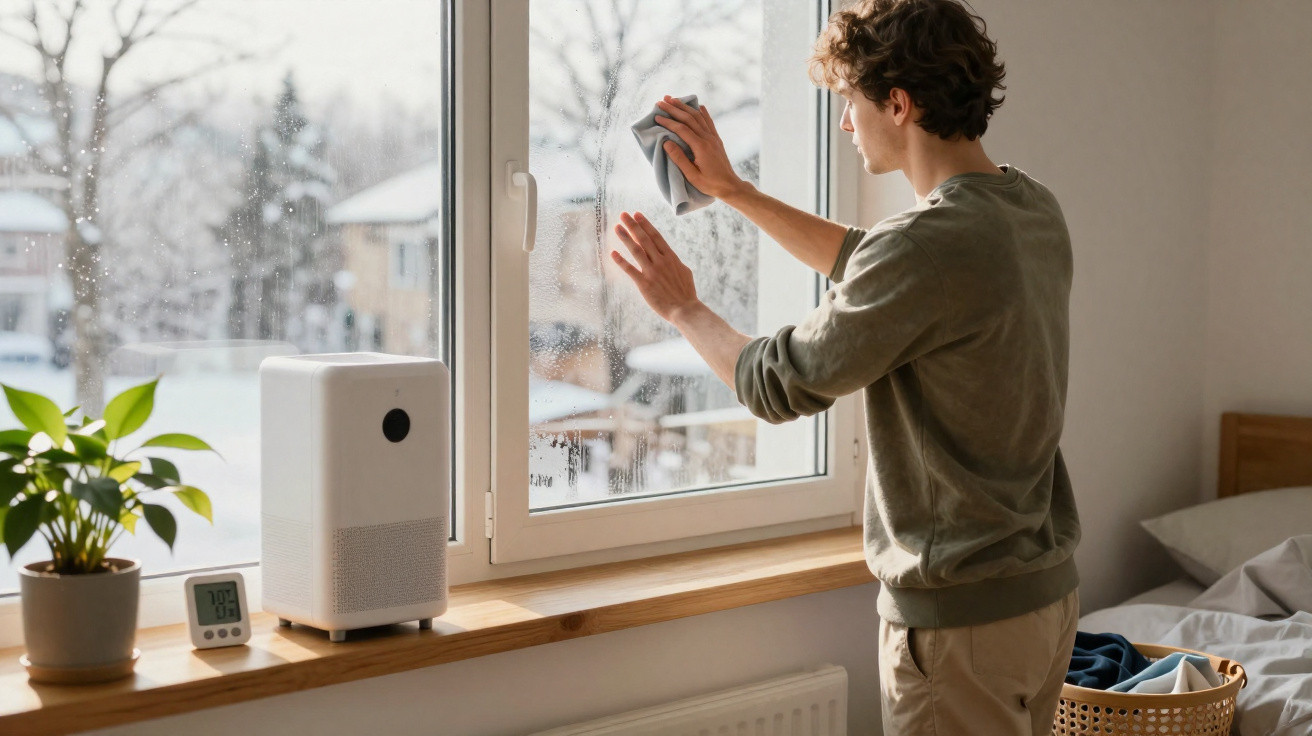 Jovem a limpar a janela de casa num dia frio de inverno, com planta e humidificador na vossa janela.