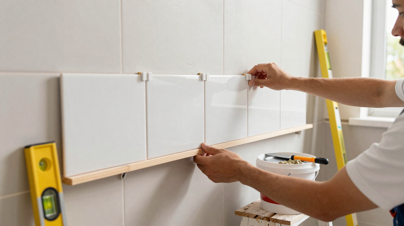 Pessoa a instalar azulejos brancos numa parede com ferramentas e nível amarelo ao fundo.