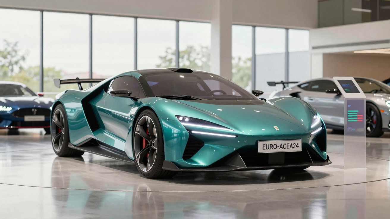Carro desportivo elétrico verde metálico em exposição em salão automóvel moderno com janelas grandes.