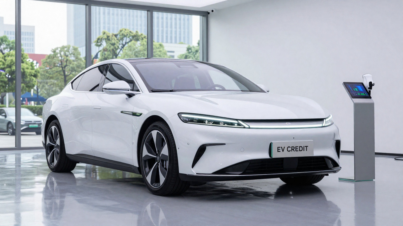 Carro elétrico branco estacionado numa sala moderna com carregador elétrico ao lado e janelas amplas ao fundo.