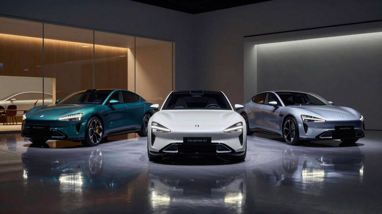 Três carros Polestar EV estacionados em chão polido em ambiente moderno com iluminação suave.