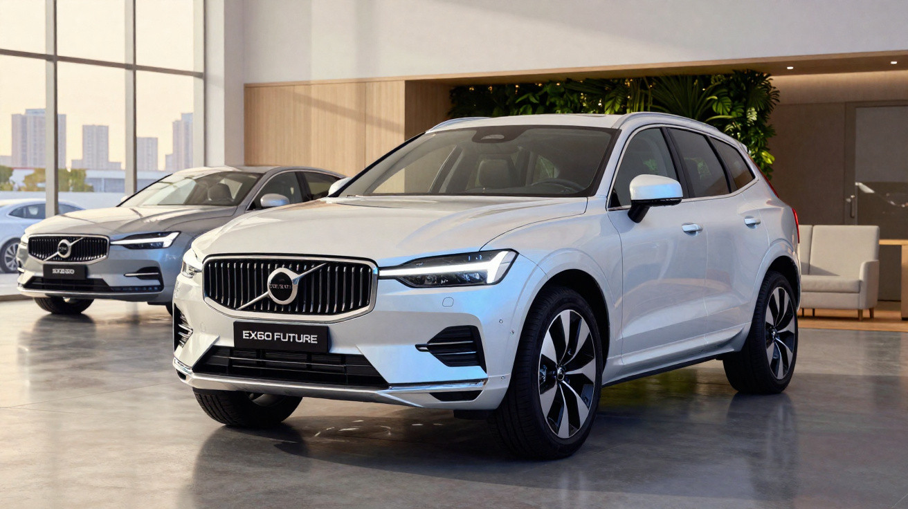 Dois carros Volvo brancos, modelo EX60 Future em exposição num showroom moderno com paredes claras.