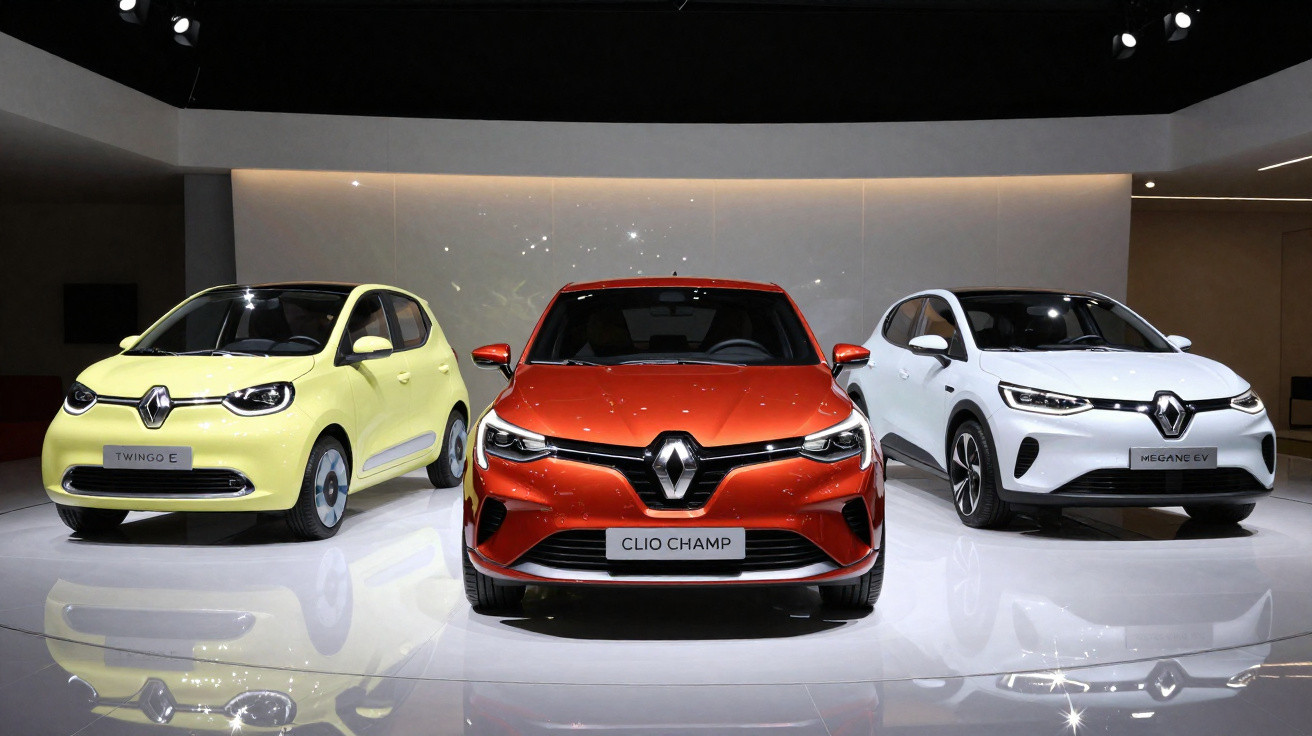 Três carros Renault elétricos em exposição: Twingo E amarelo, Clio Champ vermelho e Megane E-Tech branco.