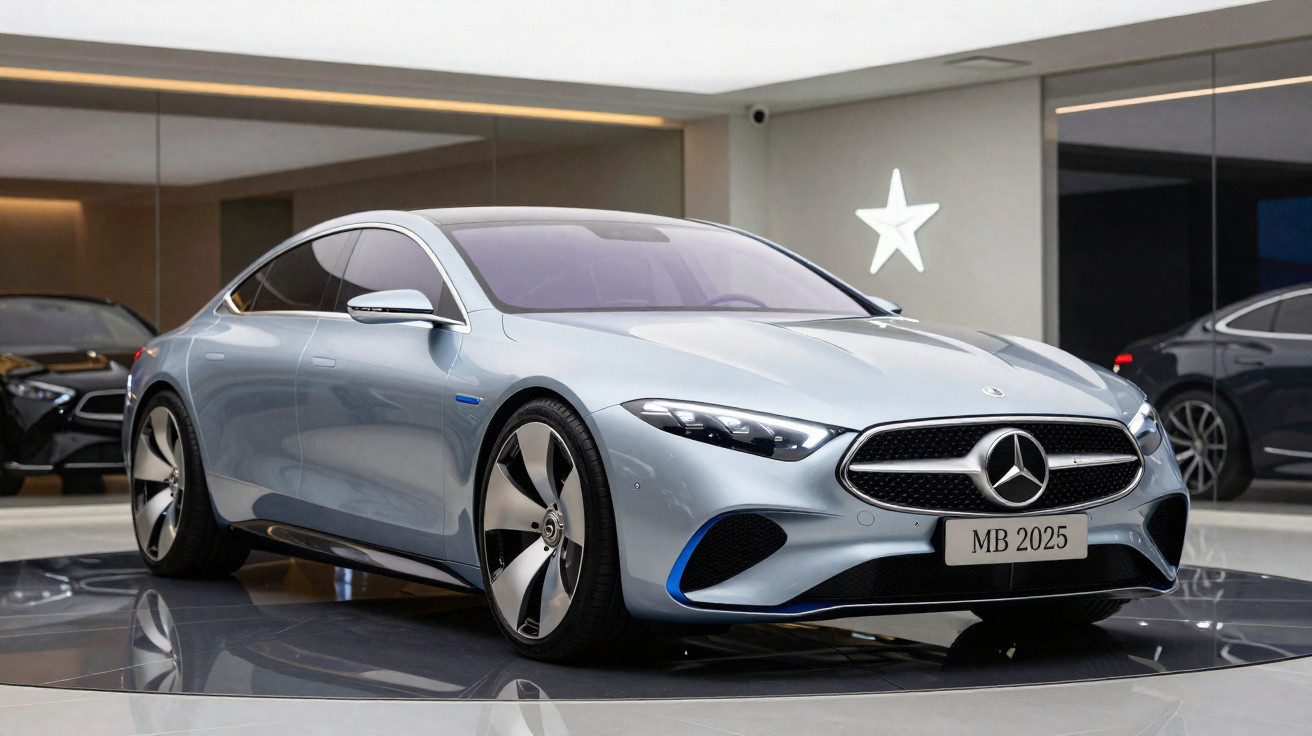 Carro desportivo Mercedes-Benz prateado com jantes grandes exposto em salão moderno com iluminação indireta.