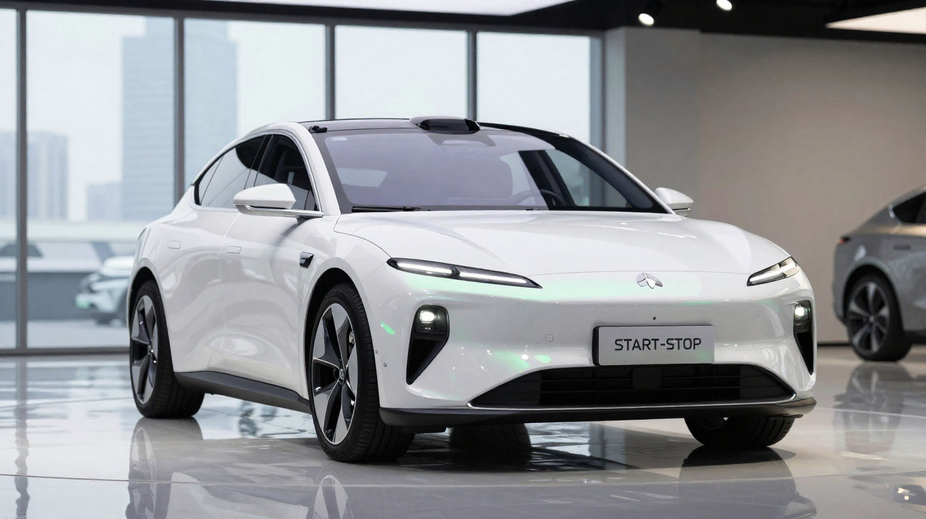Carro elétrico branco de design moderno estacionado dentro de um showroom com chão brilhante.