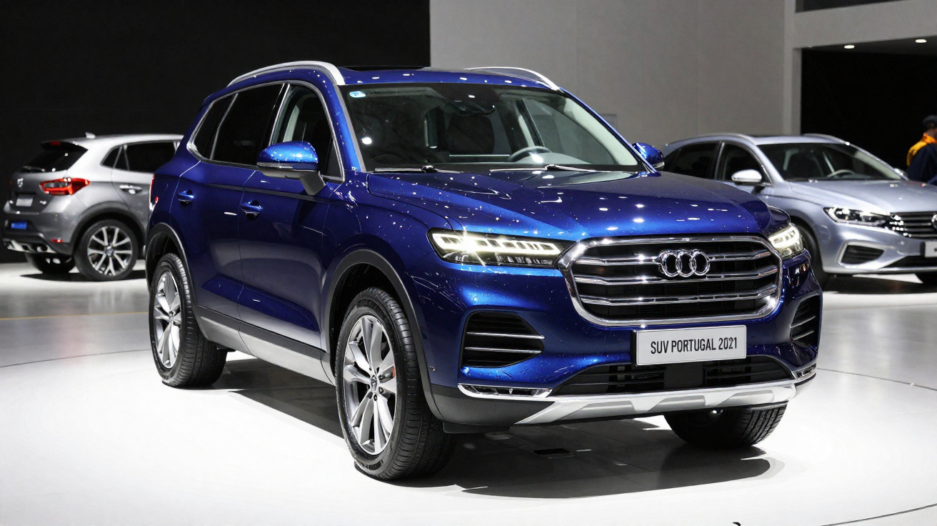 Automóvel SUV azul da Audi exposto, com luzes ligadas e em destaque numa feira automóvel.