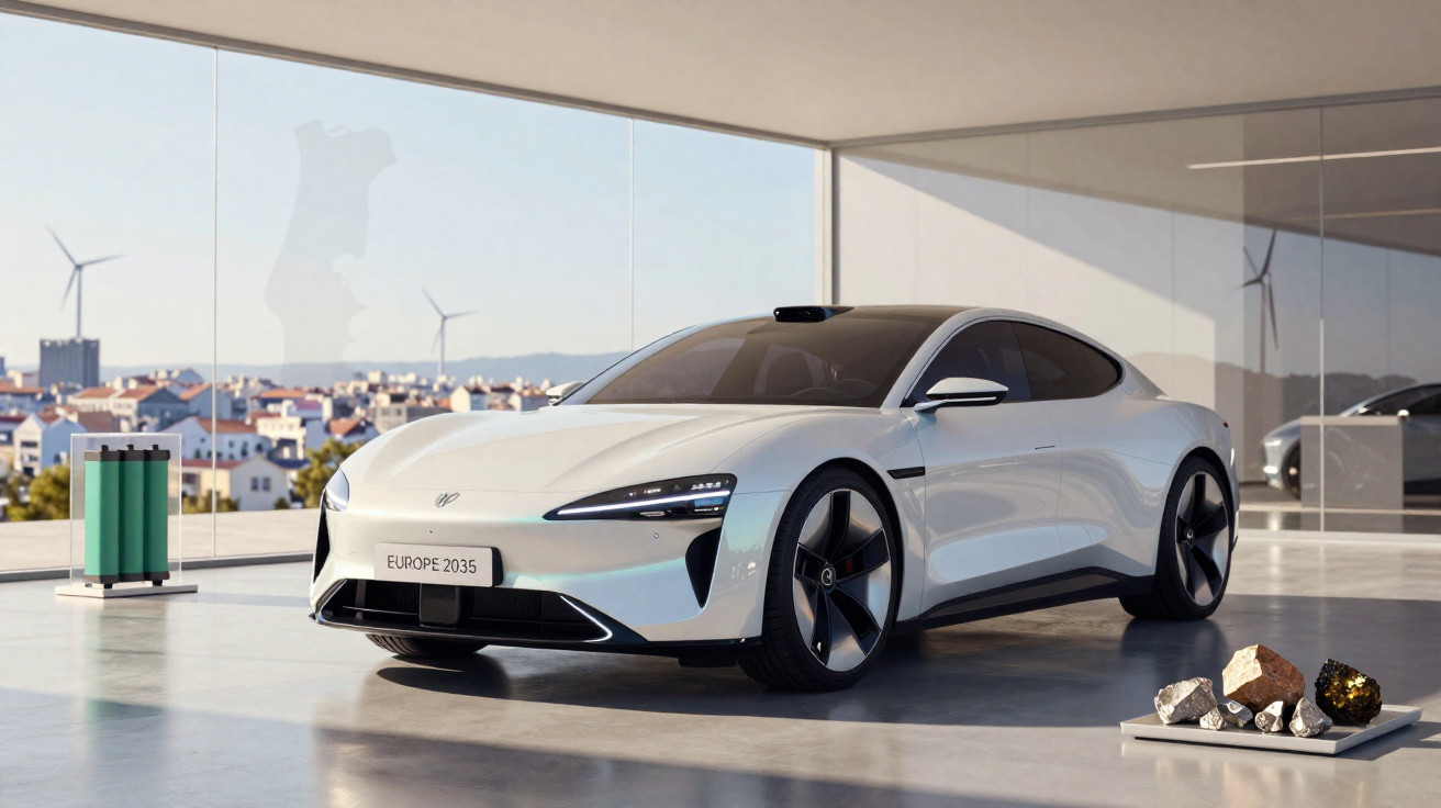 Carro elétrico branco futurista numa garagem com grandes janelas e vista para turbinas eólicas e cidade.