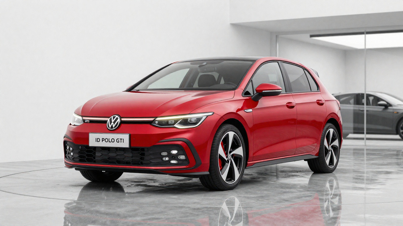 Carro vermelho Volkswagen ID Polo GTI estacionado em piso cinzento polido num ambiente interior moderno.