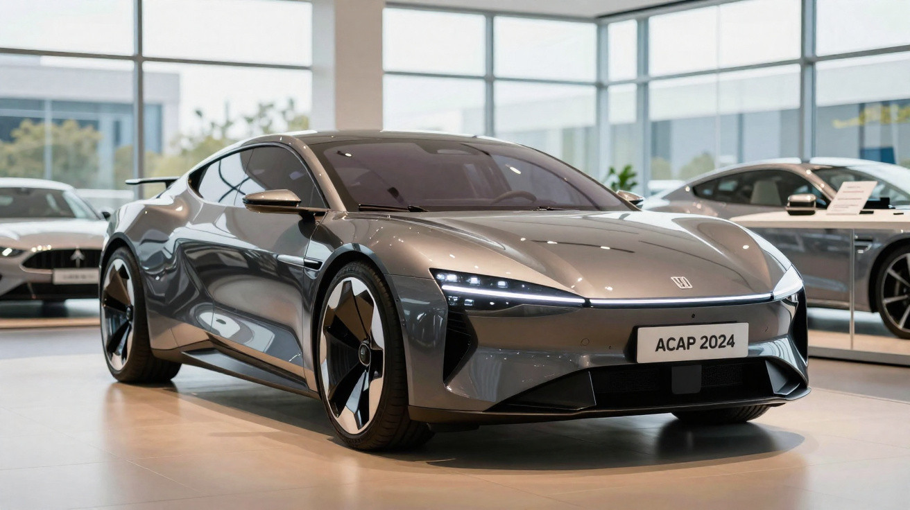 Carro desportivo elétrico cinza metálico com design futurista, em exposição numa sala iluminada.