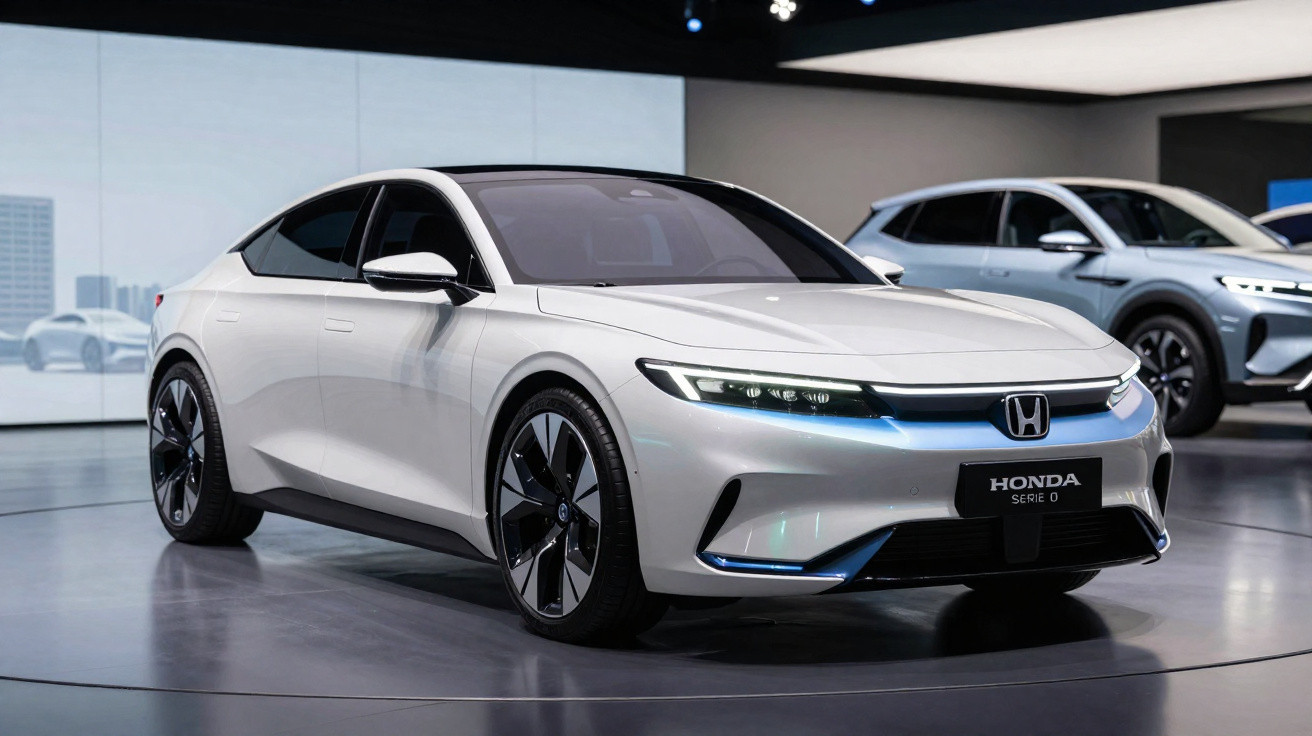 Carro elétrico Honda branco em exposição, com design moderno e elegante, ambiente de salão automóvel.
