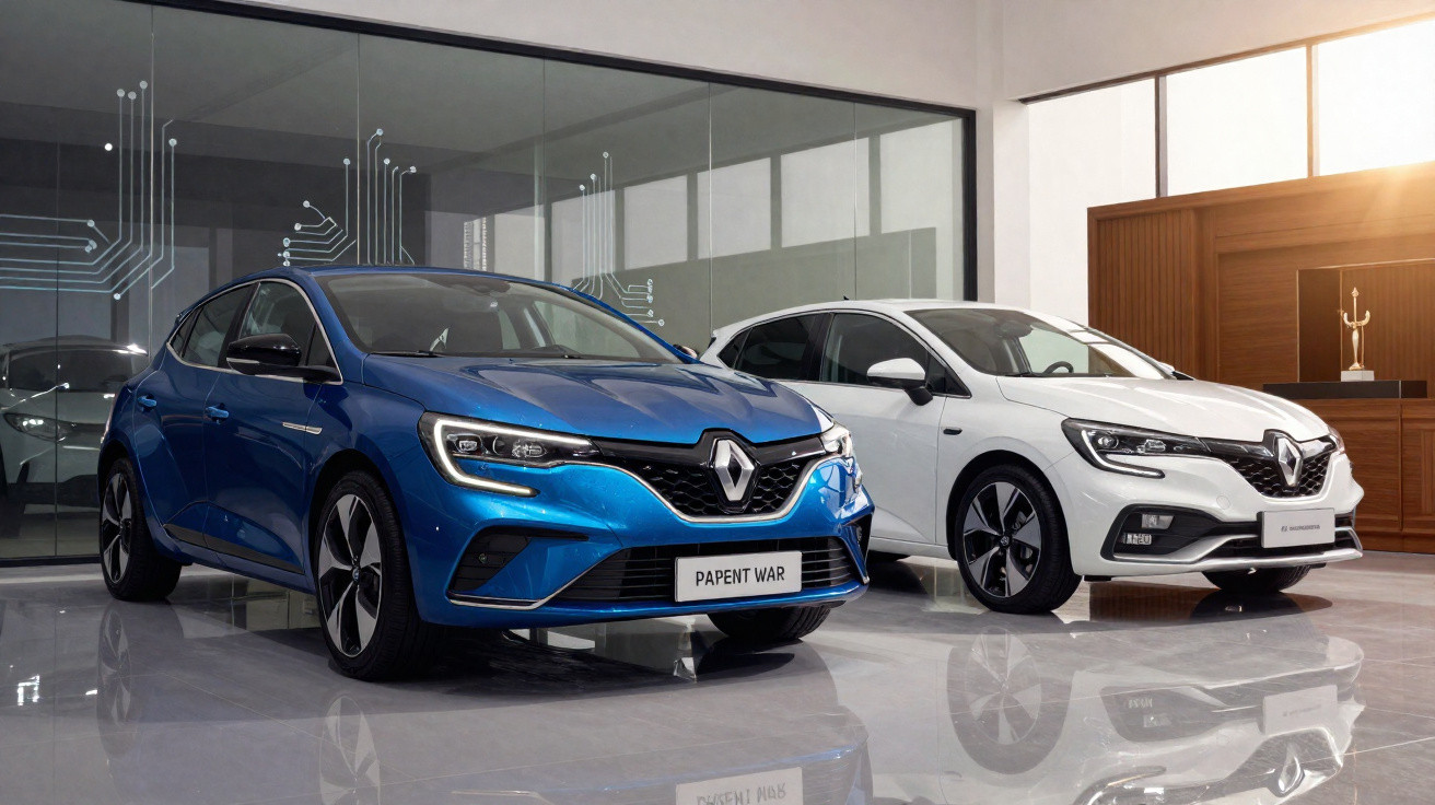 Dois carros Renault Mégane, um azul e um branco, estacionados numa garagem moderna com chão espelhado.