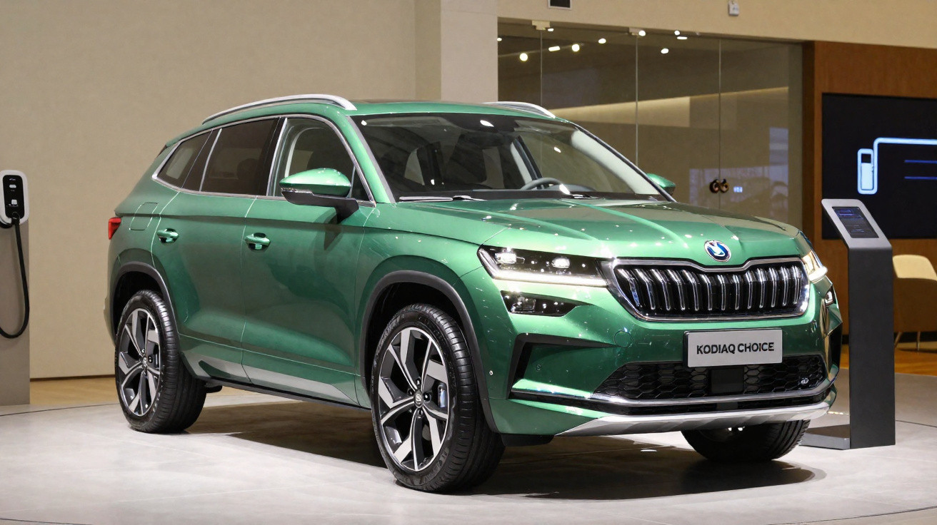 Carro SUV Skoda Kodiak Choice verde exposto em stand interior com carregador elétrico ao lado.