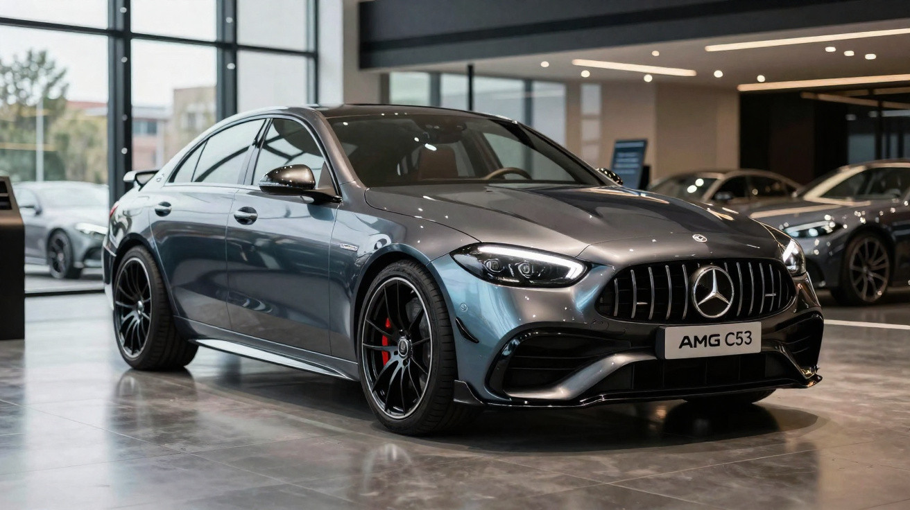 Carro desportivo Mercedes-Benz AMG C53 cinzento numa sala de exposição moderna com piso em cimento.