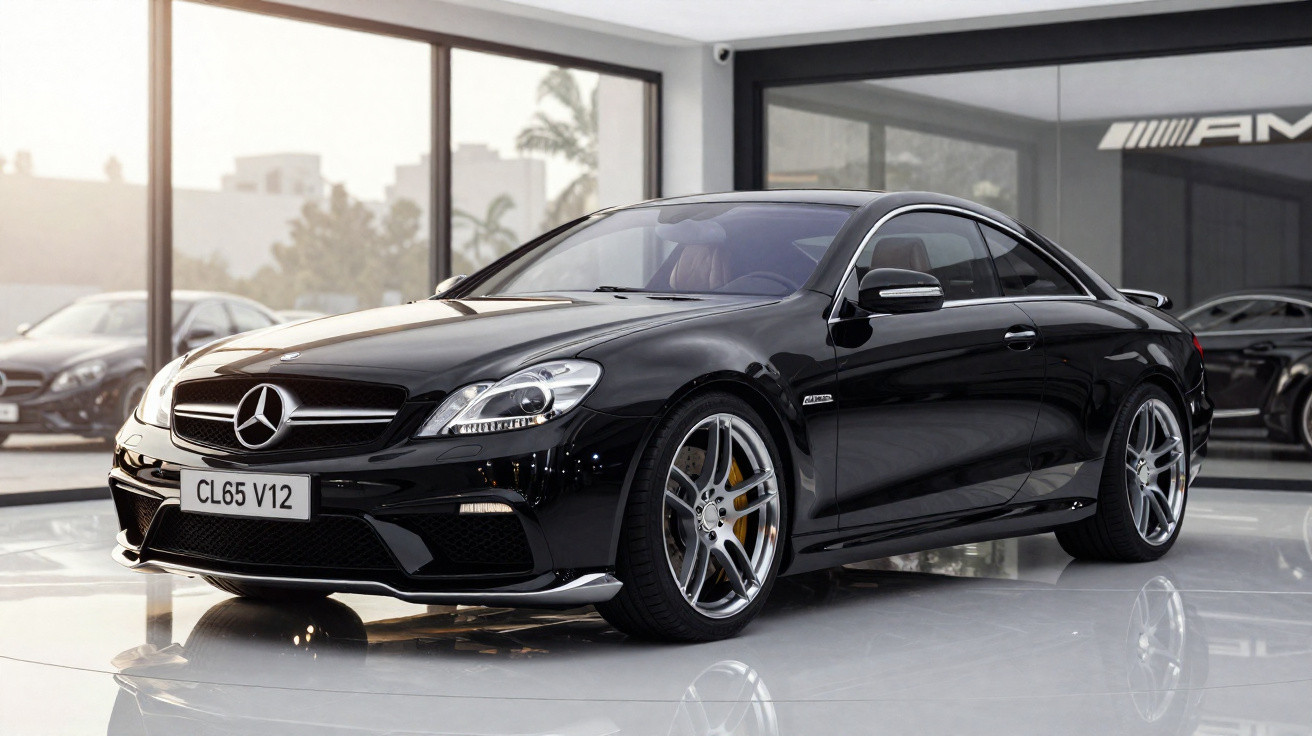 Mercedes-Benz CL65 V12 AMG preto numa exposição moderna com piso brilhante e grandes janelas.