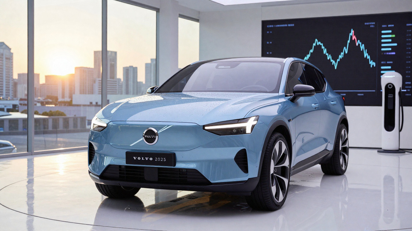 Automóvel elétrico Volvo azul 2025 estacionado em sala com janelas amplas e posto de carregamento.