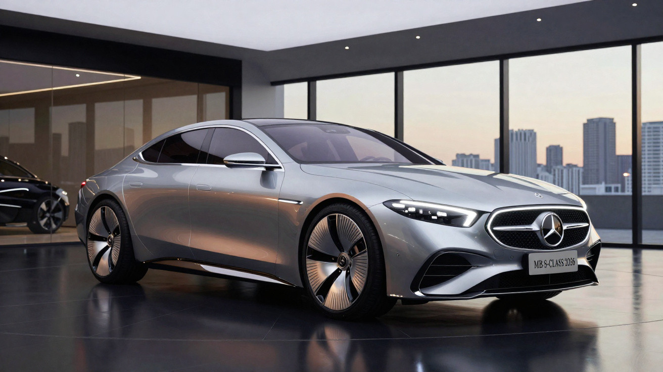 Carro Mercedes-Benz S-Class 2023 prateado em exposição num showroom moderno com janelas grandes.
