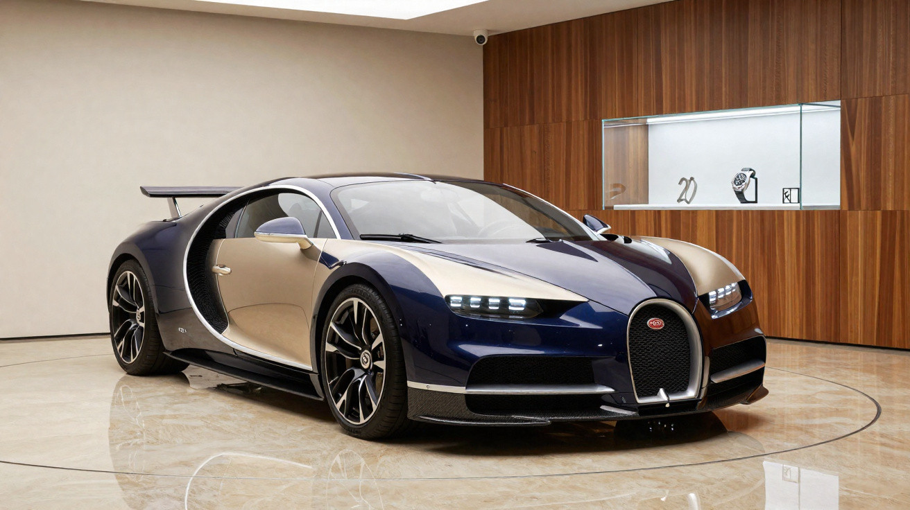 Carro desportivo Bugatti azul e prateado estacionado em piso brilhante com parede de madeira atrás.