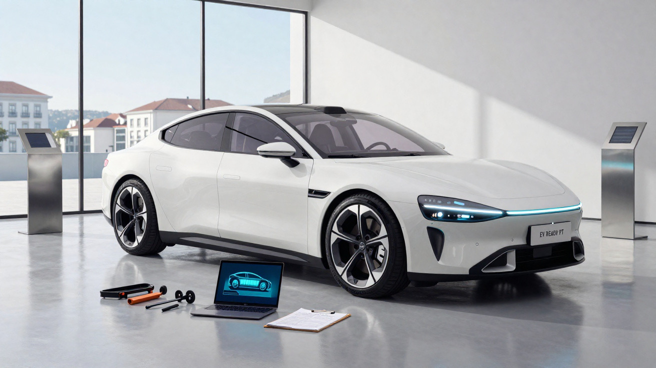 Carro elétrico branco moderno numa sala ampla com janelas grandes e equipamento tecnológico no chão.