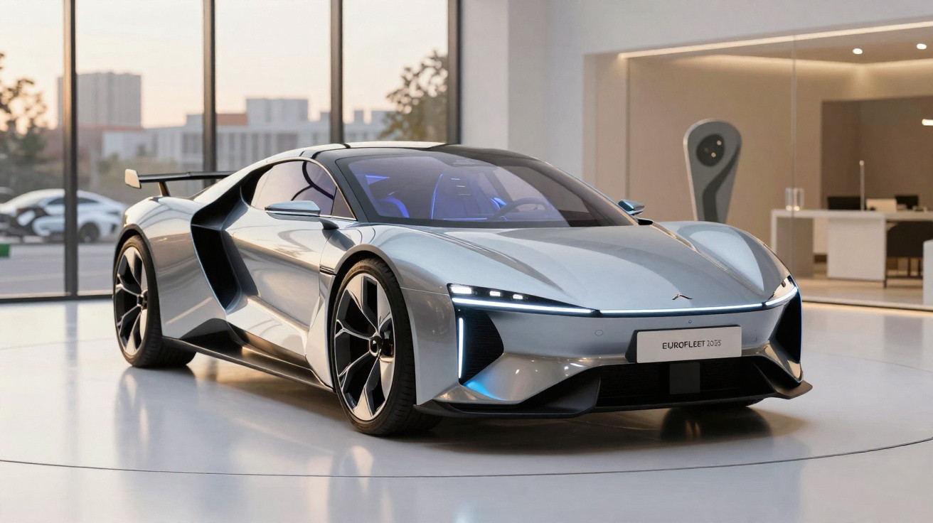 Carro desportivo elétrico prateado futurista em exposição num espaço moderno e iluminado.