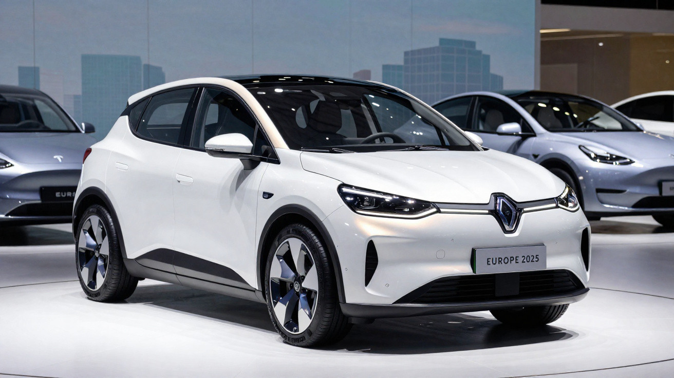 Carro elétrico branco Renault em exposição, com design moderno e rodas aerodinâmicas.