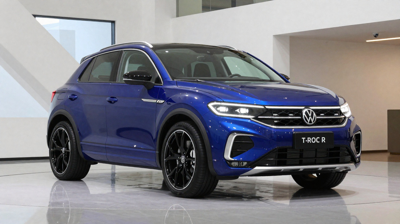 Volkswagen T-Roc R azul, carro SUV desportivo, apresentado em showroom moderno.