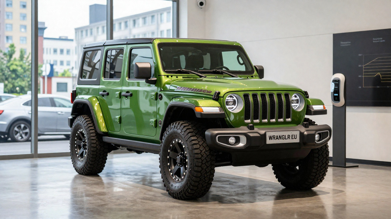 Jeep Wrangler verde estacionado no interior de sala de exposição automóvel com grandes jantes e pneus robustos.