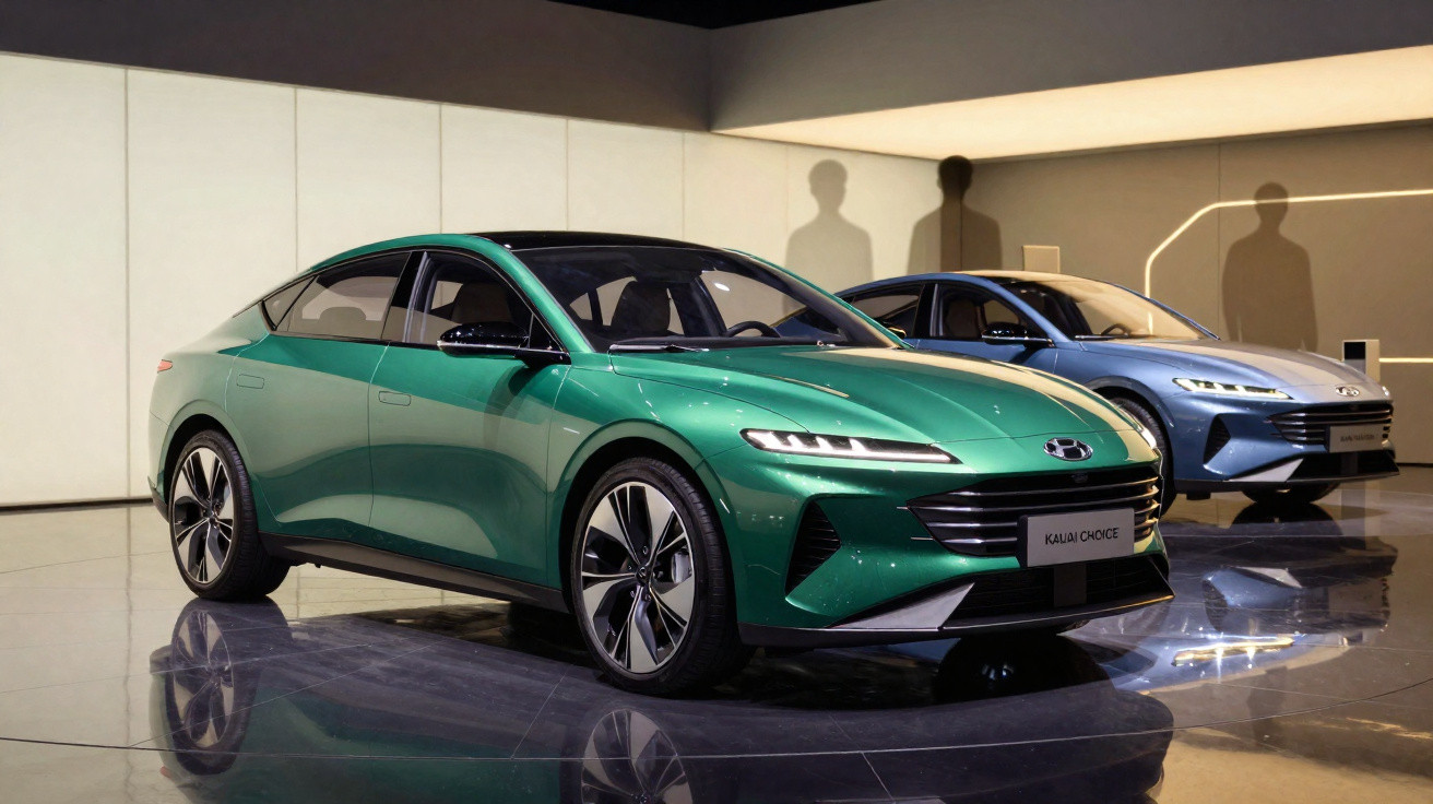 Dois carros elétricos modernos expostos num salão, um verde em primeiro plano e outro azul ao fundo.