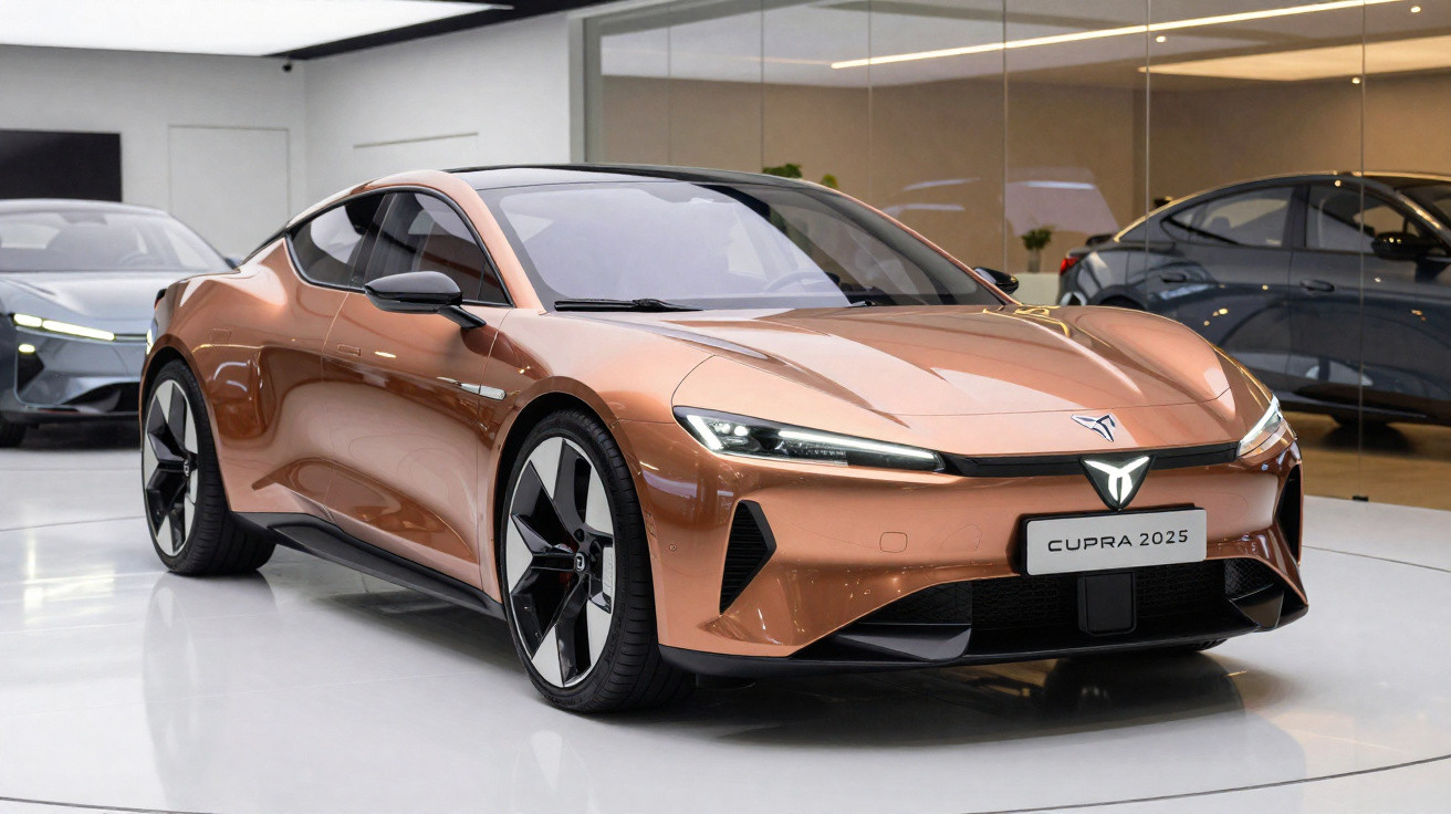 Carro desportivo Cupra 2025 em tom de laranja exposto em salão moderno com outros automóveis ao fundo.