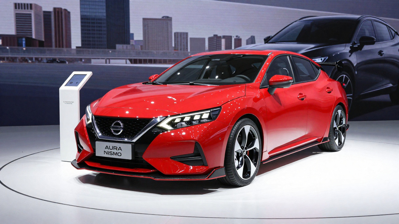 Carro desportivo vermelho Nissan Aura Nismo exposto em stand com fundo urbano e iluminação interior.