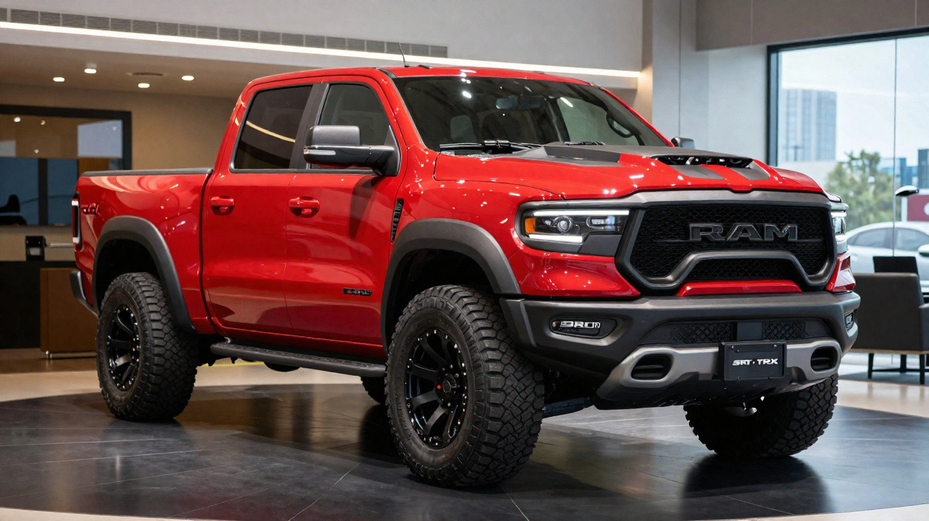 Pick-up RAM vermelha estacionada em interior moderno, com pneus robustos e design agressivo.