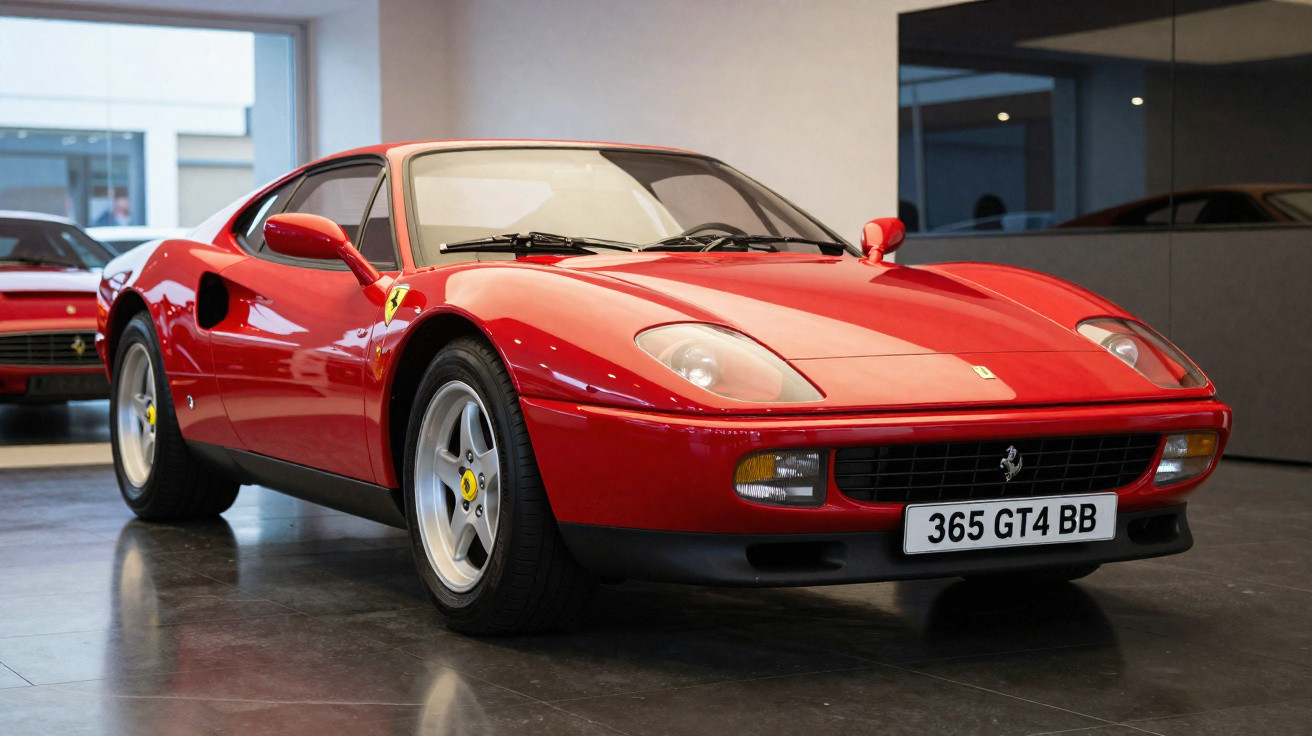 Carro desportivo vermelho Ferrari 365 GT4 BB estacionado em pavimento interior refletor.